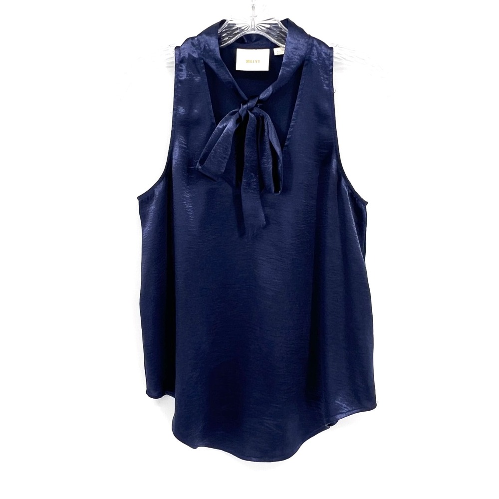 MAEVE by Anthropologie Women's Sz 4 Navy Blue Satin Tie-Neck Sleeveless Blouse